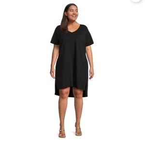 TERRA & SKY V-NECK STEP HIGH LOW BLACK TEE SHIRT DRESS